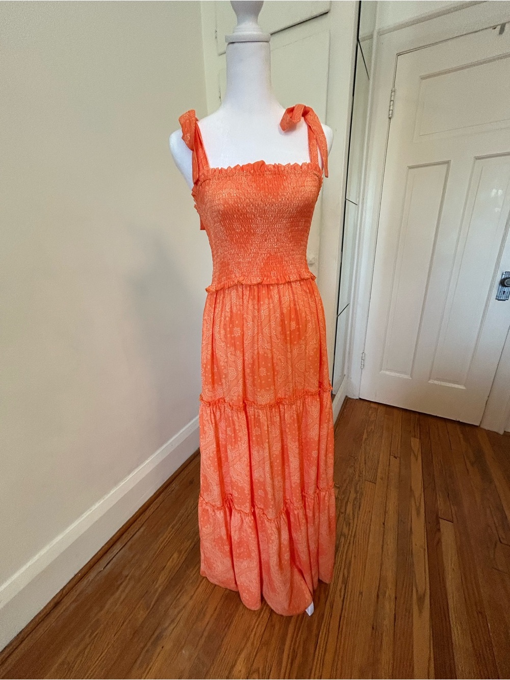 Smocked Tie-Shoulder Tiered Maxi Dress in Coral Orange